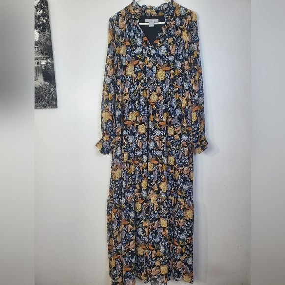 Lucky Brand Dresses & Skirts - Lucky Brand Black Floral Maxi Dress Size Large Sheer Sleeves Teired V-Neck